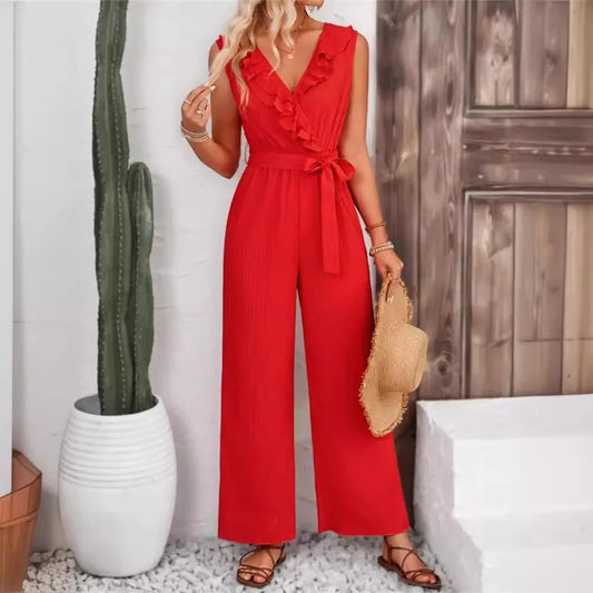 Elegant Jacquard Red Jumpsuit – Effortless Summer Style